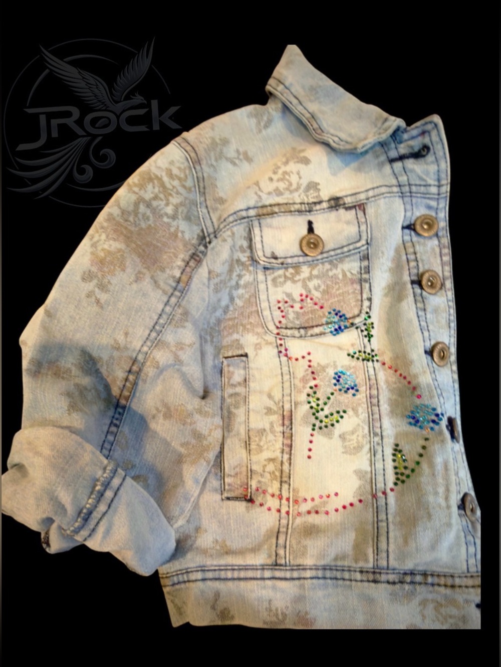 Denim Jean Jacket with Cat made out of flowers. crystal rhinestone